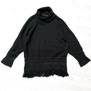 ESCADA Wool Cashmere Turtleneck Fringe Sweater Size 40 Black